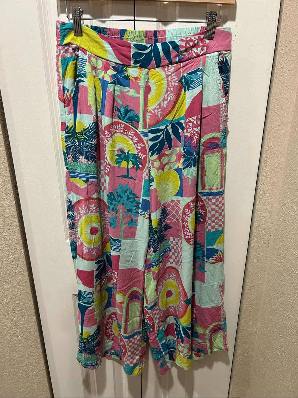 Indigo Rose Colorful Wide Leg Beachy Artsy Lagenlook Resort Pants , M - Picture 2 of 6